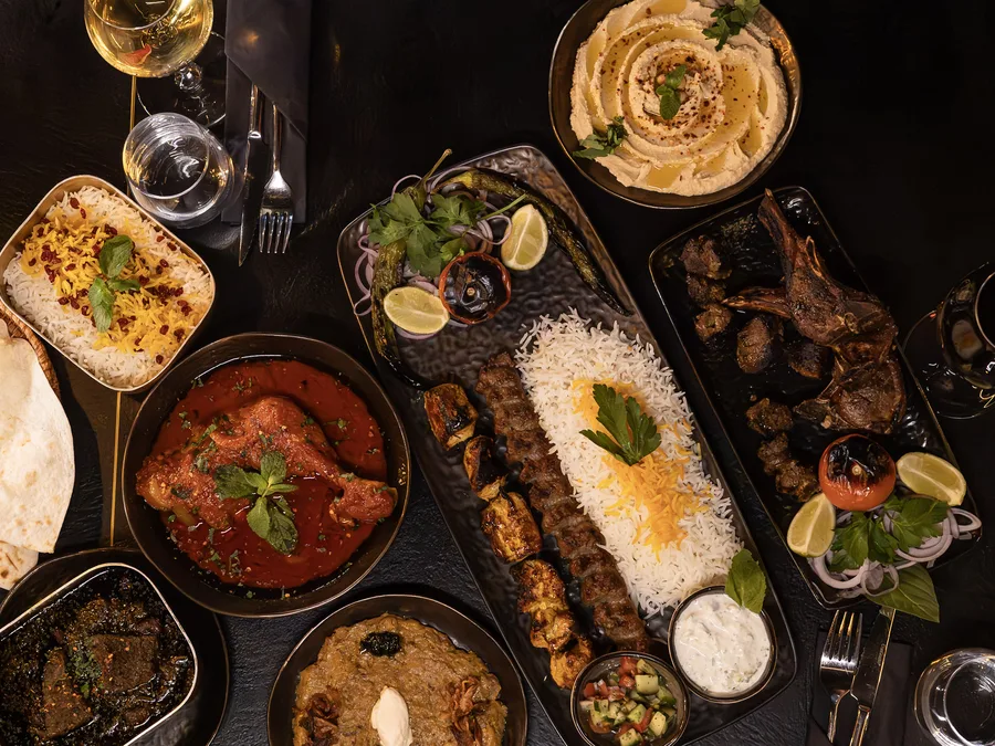Full spread with grill skewers and sides